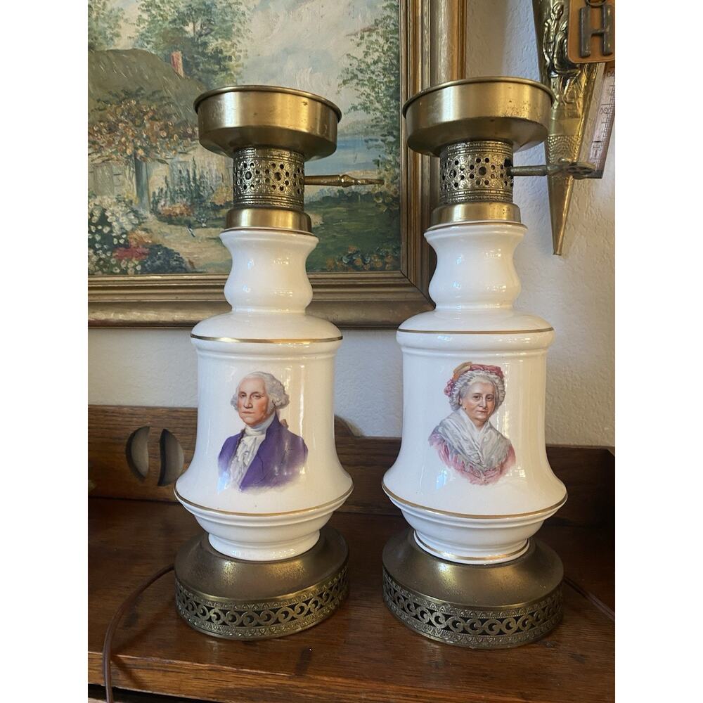 Rare 1930s Porcelain Lamp Set George And Martha Washington Brass Base Turn Key